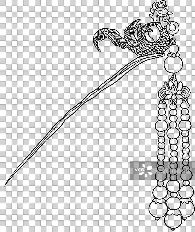 古代传统女子精致发钗发簪珍珠玛瑙黑白线稿发梳流苏步摇发饰璎珞免抠素材图片素材