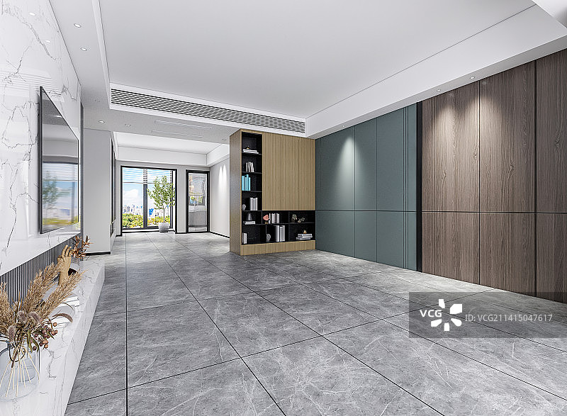 现代简约风格客厅白色背景墙电视柜空房间场景样板房图片素材