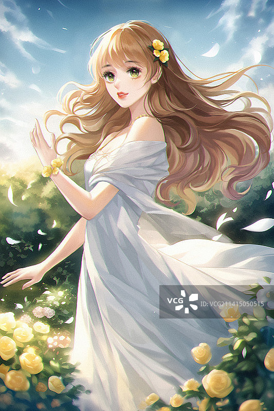 花园中被风吹拂的女孩图片素材