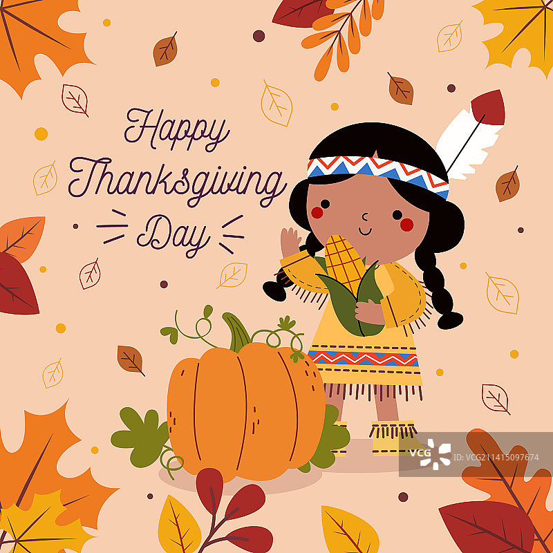扁平风格感恩节背景与印第安女孩图片素材