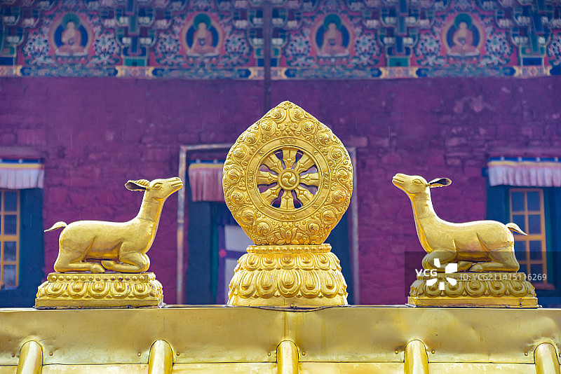 西藏拉萨小昭寺屋顶鎏金金轮金鹿图片素材