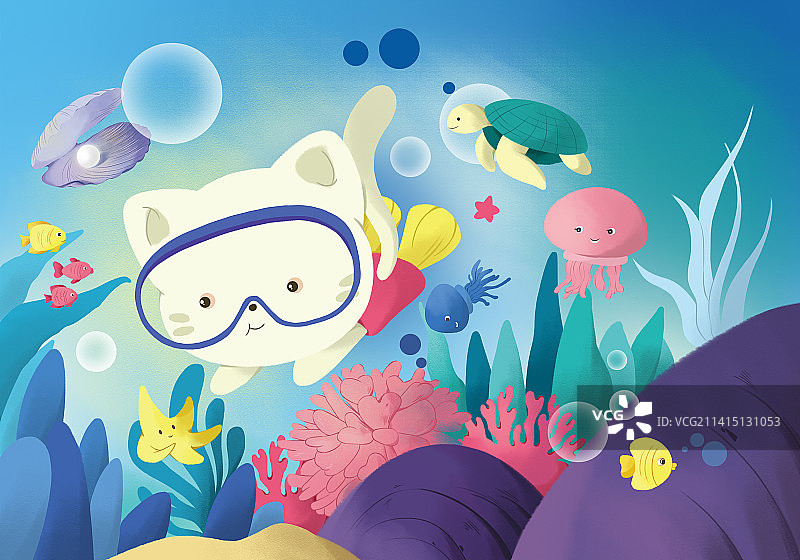 创意儿童插画——小猫潜水图片素材