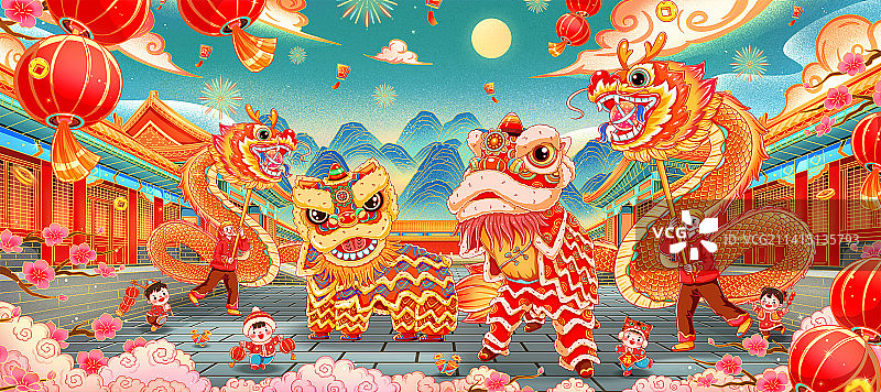 国潮舞龙新年龙纹贺岁插画图片素材