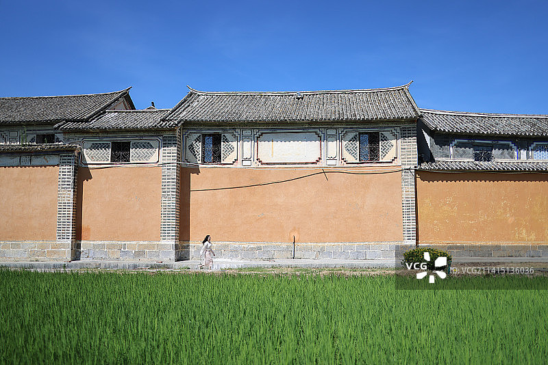 中国大理喜洲古镇建筑和绿色稻田图片素材
