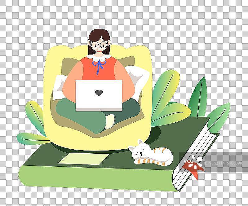 女孩坐在沙发书本上看电脑图片素材