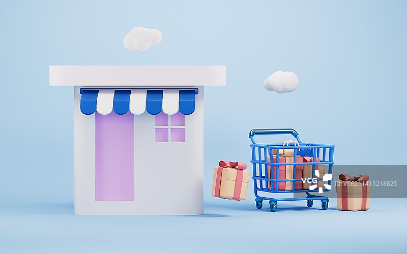 商店与购物车3D渲染图片素材