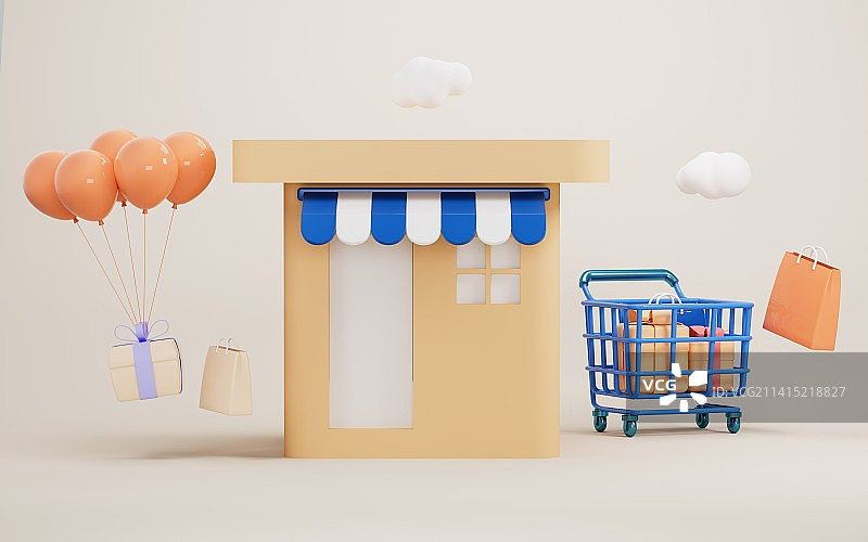 商店与购物车3D渲染图片素材
