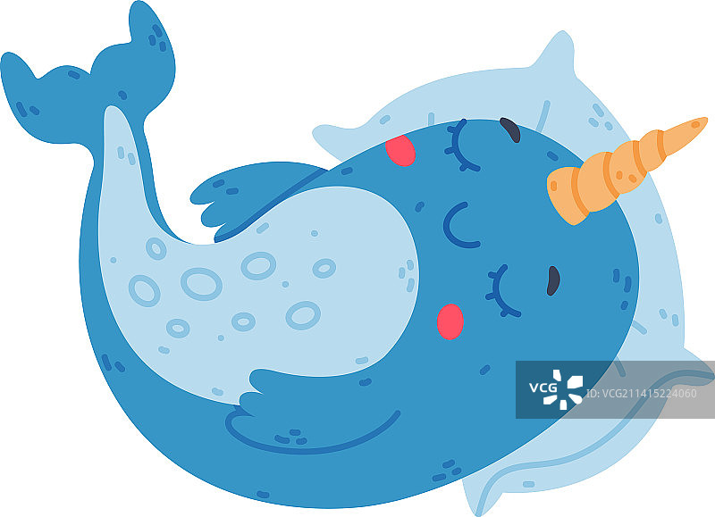 趣味可爱的独角鲸宝宝在枕头上睡觉图片素材