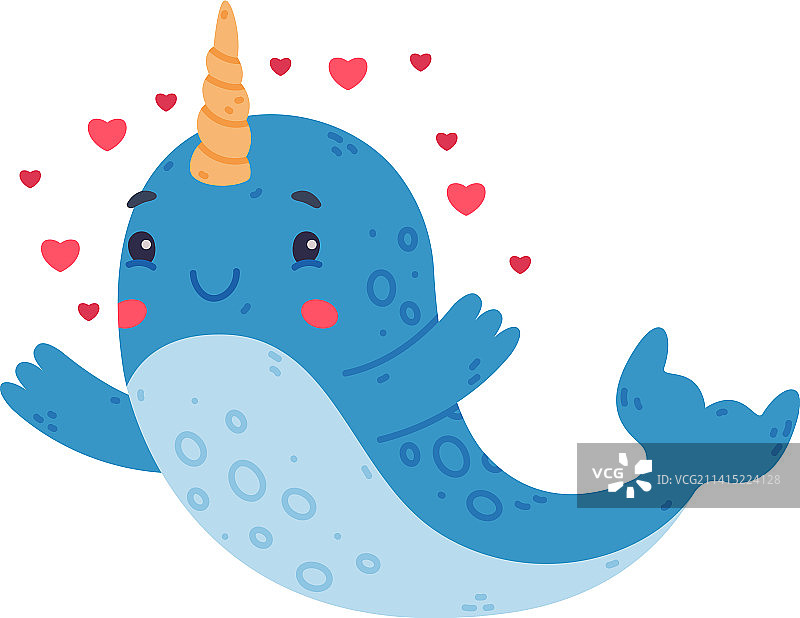 有趣的可爱小独角鲸被红心包围图片素材