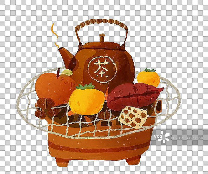 秋冬季节围炉煮茶烤红薯柿子橘子板栗年糕图片素材