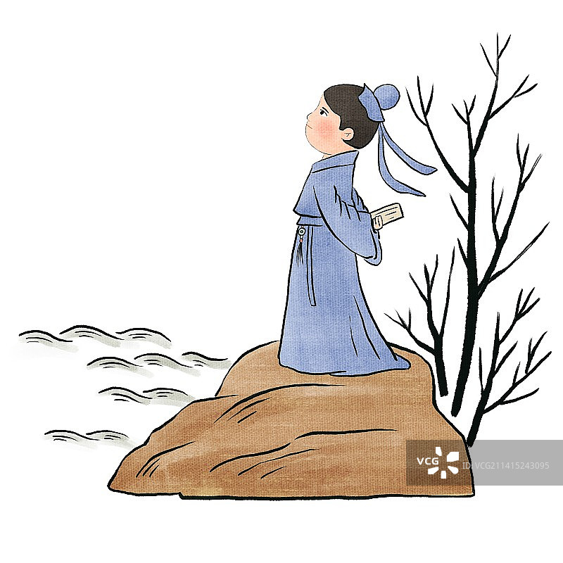 水墨中国风手绘山石和古代诗人图片素材