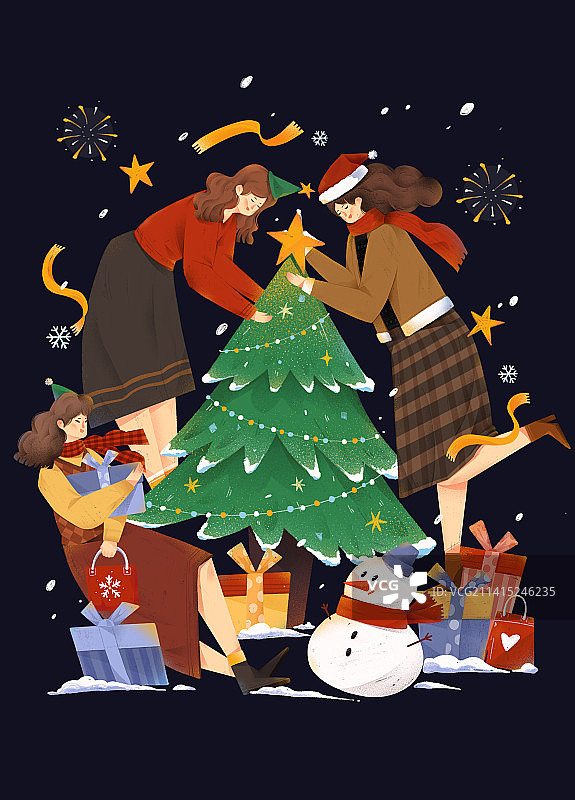 圣诞节女生扁平节日圣诞树插画图片素材