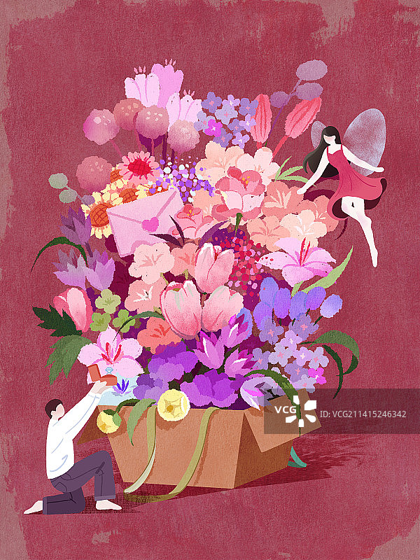 手绘情人节花卉花篮插画图片素材