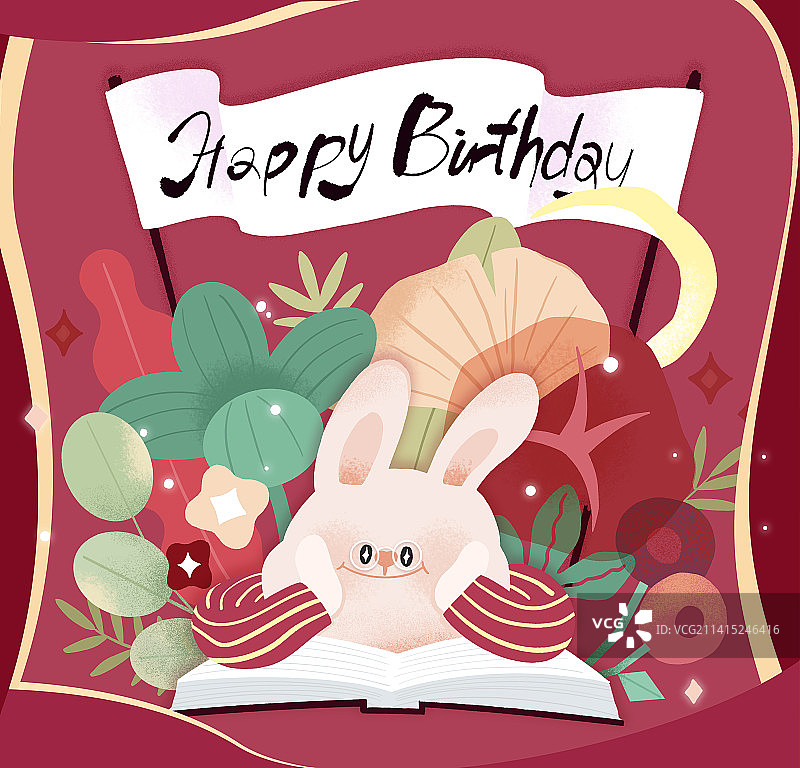 可爱兔子植物生日祝福插画图片素材