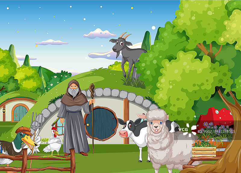 带农场动物的奇幻卡通场景图片素材