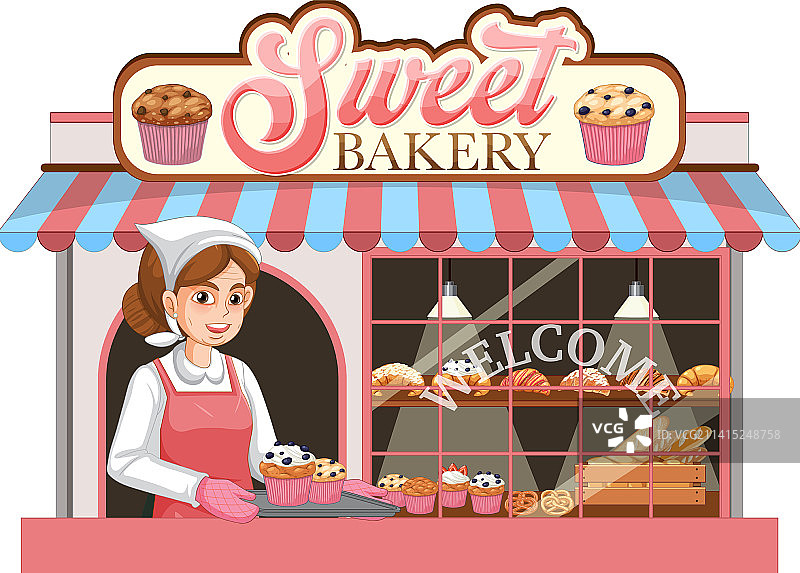 面包店门面与面包师图片素材