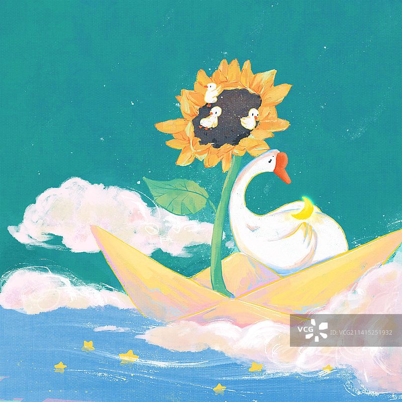 大鹅在向日葵纸船上图片素材