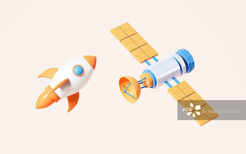 卡通卫星与火箭模型3D渲染图片素材