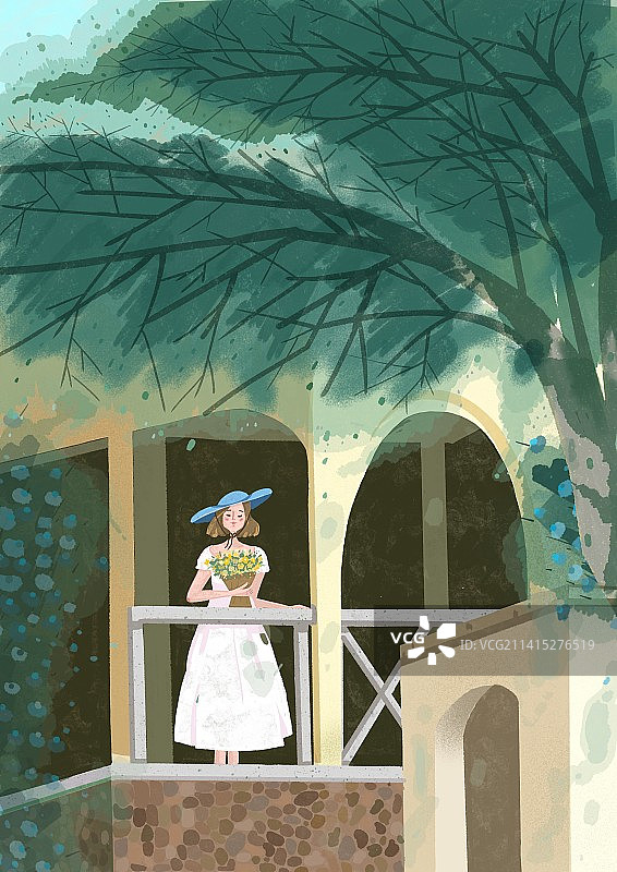树荫下抱花的少女插画图片素材
