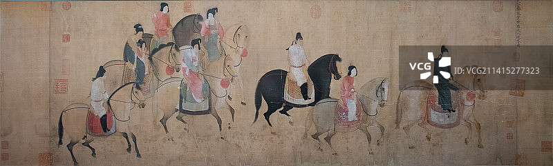 北京中国国家博物馆《摹张萱虢国夫人游春图》宋代赵佶52.1X147.7CM辽宁省博物馆藏品图片素材