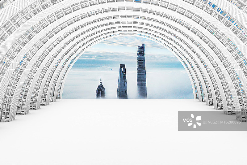 干净白色建筑室内空间走廊远眺陆家嘴金融区天际线图片素材