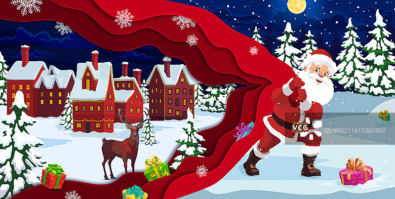 圣诞节剪纸卡通圣诞老人与大礼包图片素材