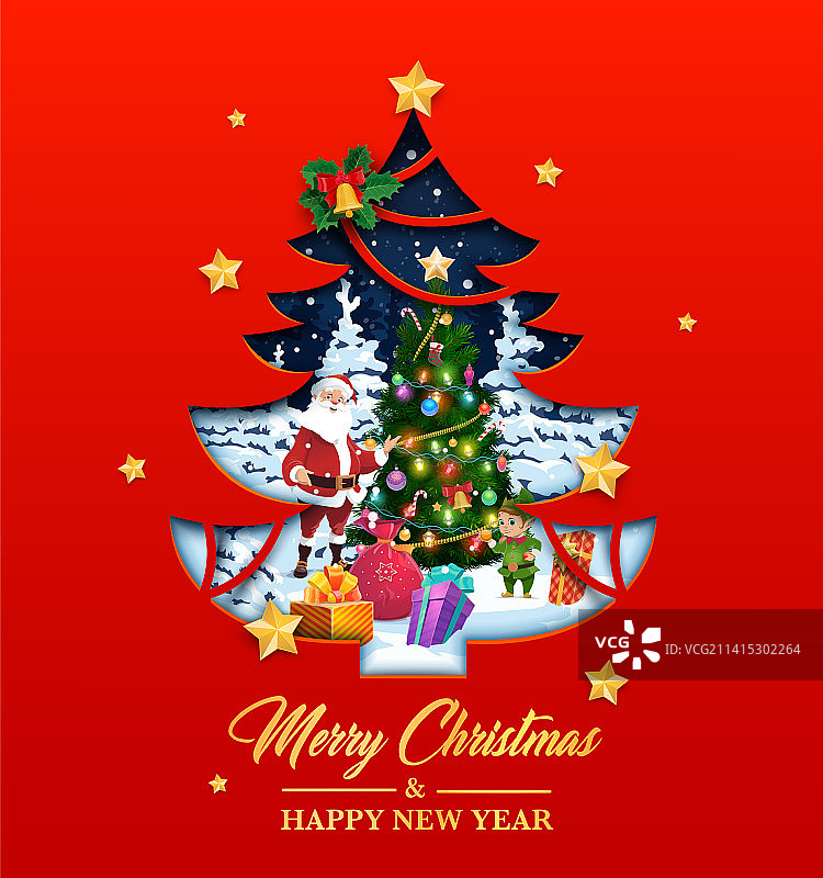 圣诞剪纸：松树剪影和圣诞老人图片素材