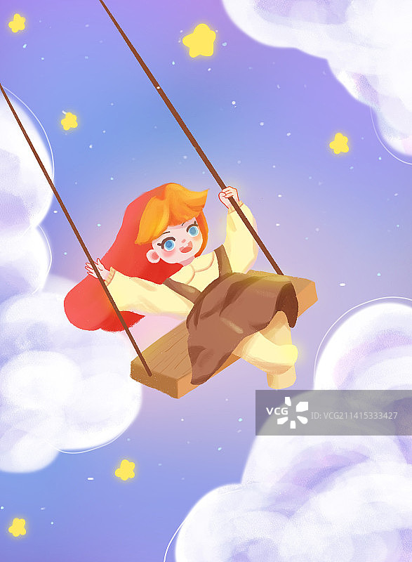 夏天星空荡秋千可爱风治愈插画图片素材