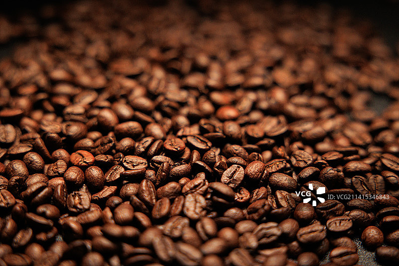 撒落下许多新鲜烘焙的咖啡豆图片素材