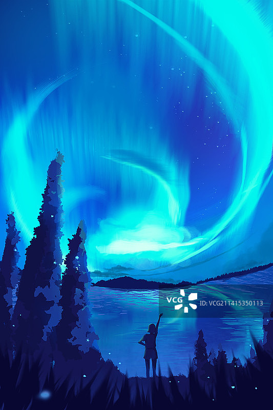 梦幻唯美治愈系极光手绘插画图片素材