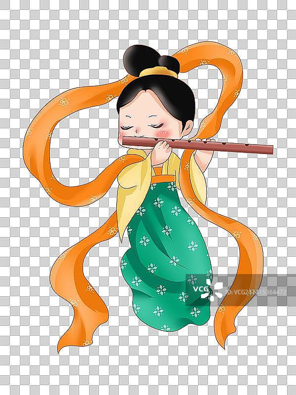 手绘卡通飞天人物吹横笛图片素材