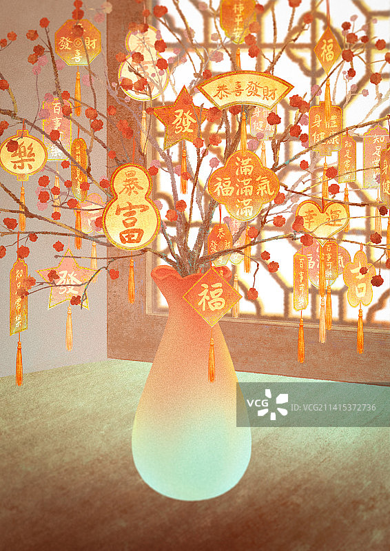 传统节日古风中式传统室内场景插花花瓶瓶子发财树桌子图片素材