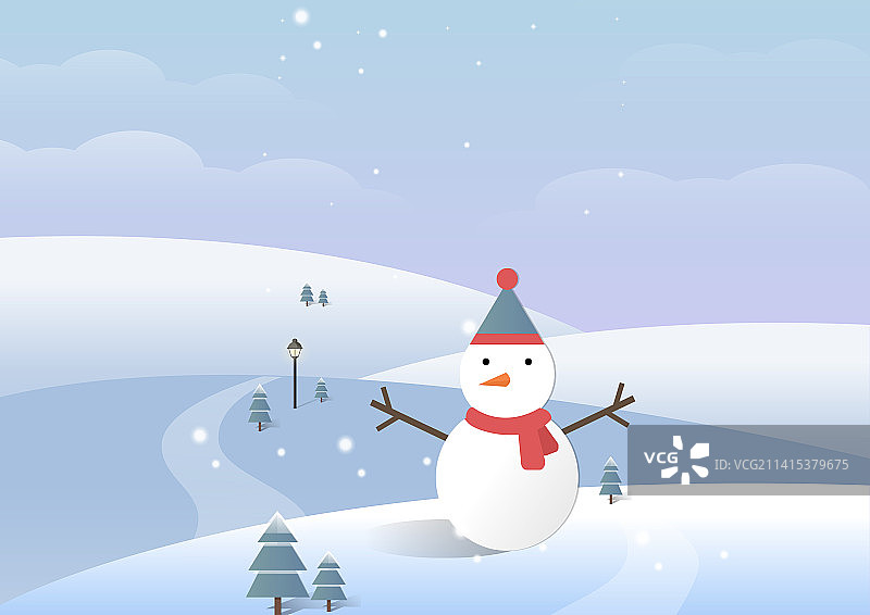 冬天下雪雪人户外风景扁平插画图片素材
