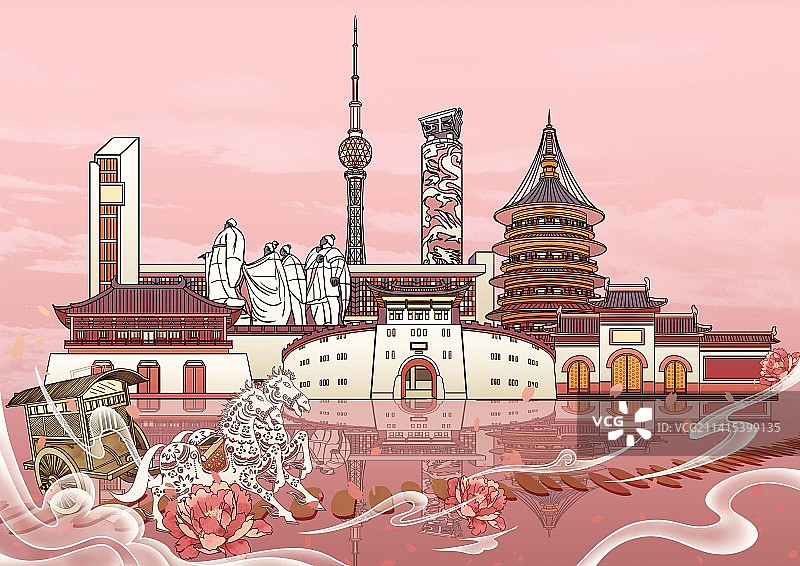 洛阳城市地标建筑国风插画图片素材