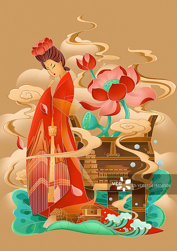 日报风城市插画扁平中国风西安荷花仕女建筑文物图片素材