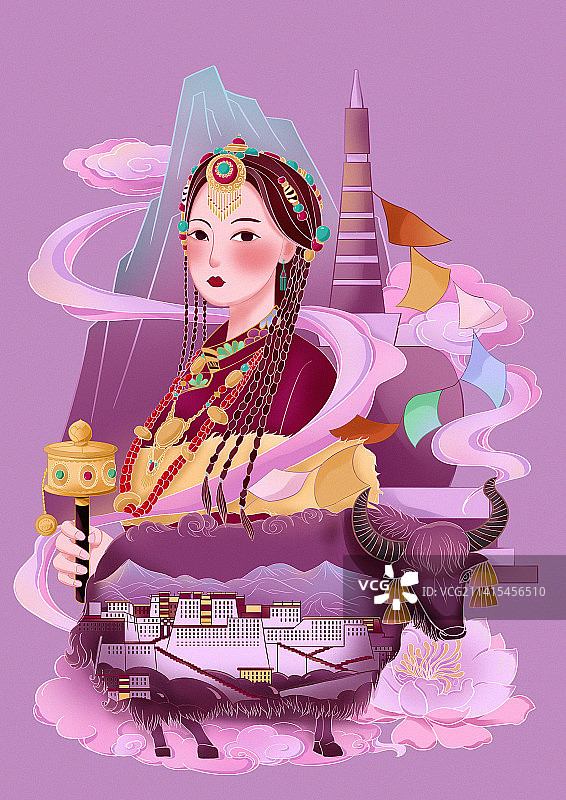 日报风城市插画扁平中国风拉萨藏民牦牛建筑景观图片素材