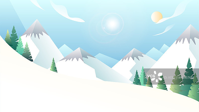 冬天户外滑雪雪山扁平矢量插画图片素材