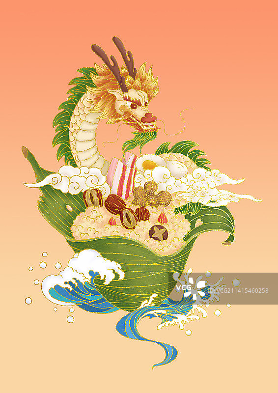 端午节粽子龙浪花国潮图片素材