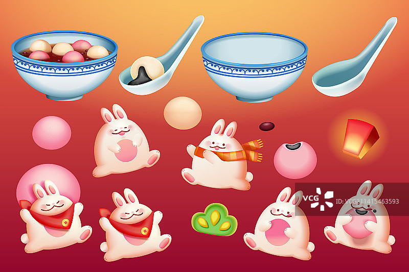 可爱胖乎乎兔子吃汤圆 元宵节素材组合图片素材