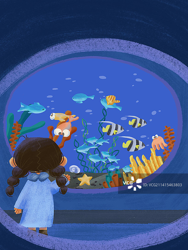 小女孩海洋馆海底探险图片素材
