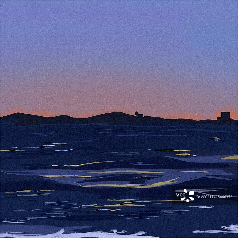 蓝色紫色夜晚梦幻海洋风景插画图片素材