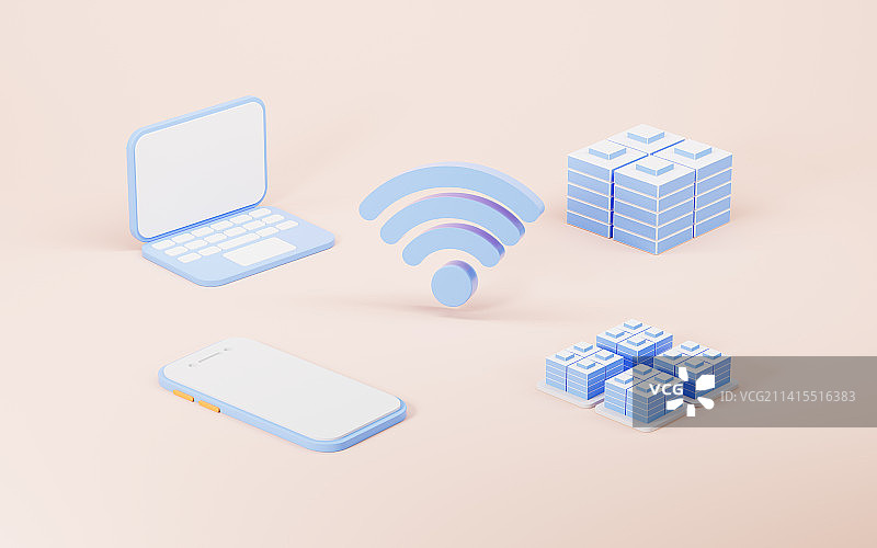 WiFi覆盖笔记本手机灯用途3D渲染图片素材