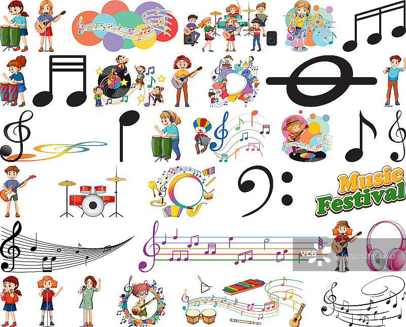 儿童乐器和音乐符号套装图片素材