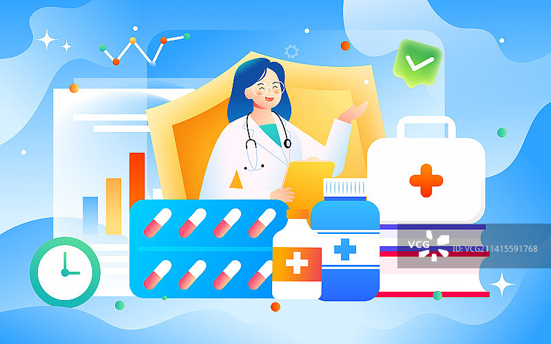 医生拿感冒药治疗感冒发烧药医疗物疗效插画图片素材