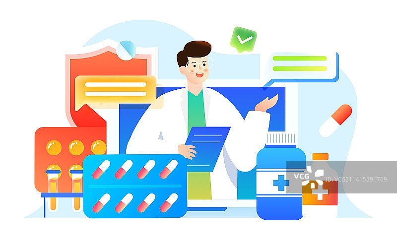 医生拿感冒药治疗感冒发烧药医疗物疗效插画图片素材