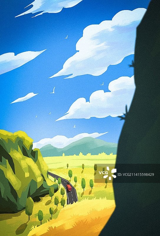 蓝天白云风景插画图片素材