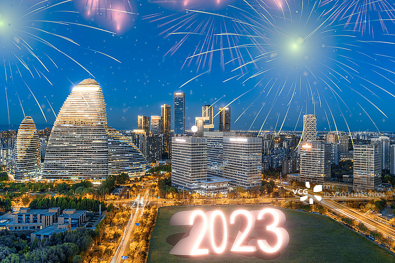 北京城市天际线建筑科技线条-新年烟花表演图片素材