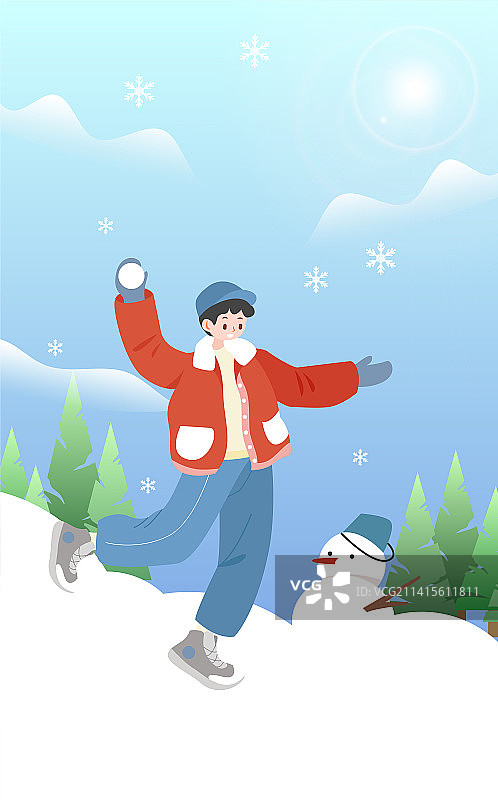 冬天户外青年打雪仗清新矢量插画图片素材