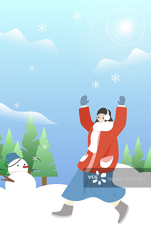 冬天户外青年打雪仗清新矢量插画图片素材