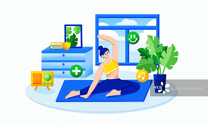 常态化防疫居家瑜伽锻炼身体后疫情时代场景插画图片素材